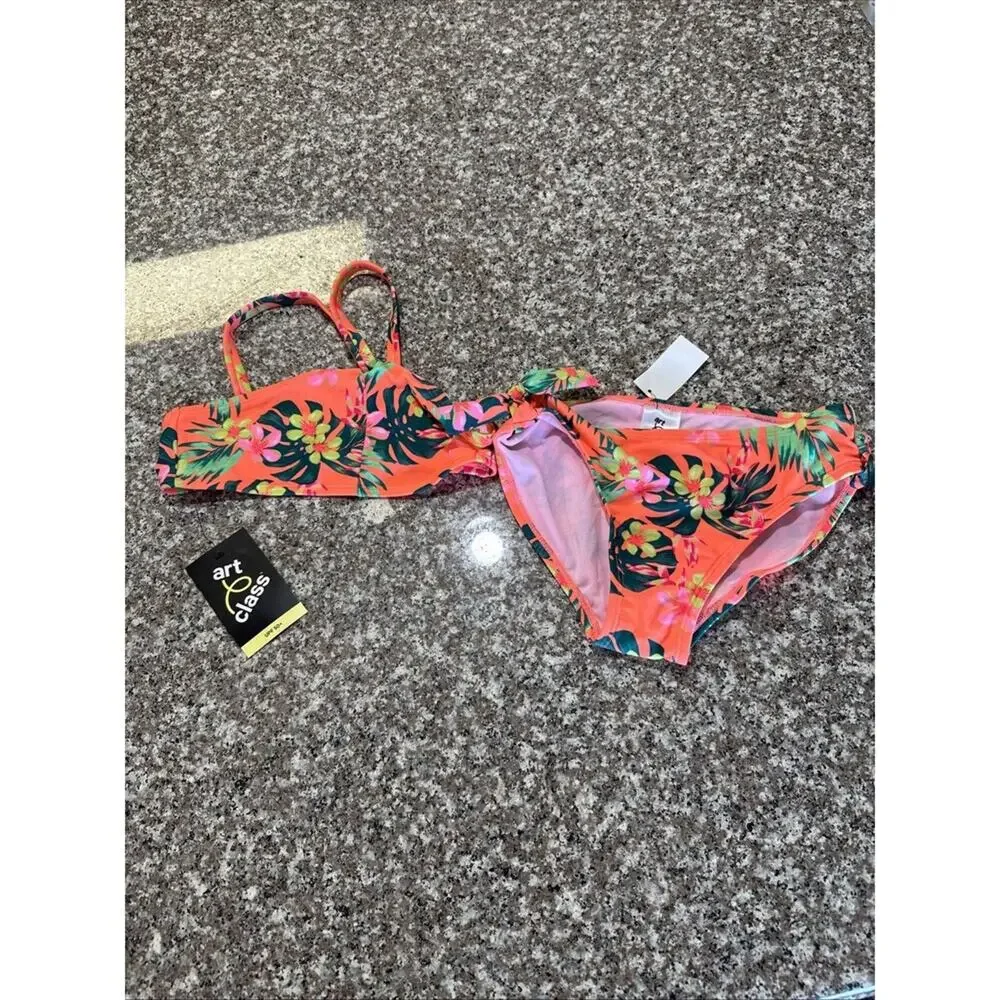 Art Class Girls Pink Green Tropical Palm Bikini Set UPF 50+ Size M (8)  NWT